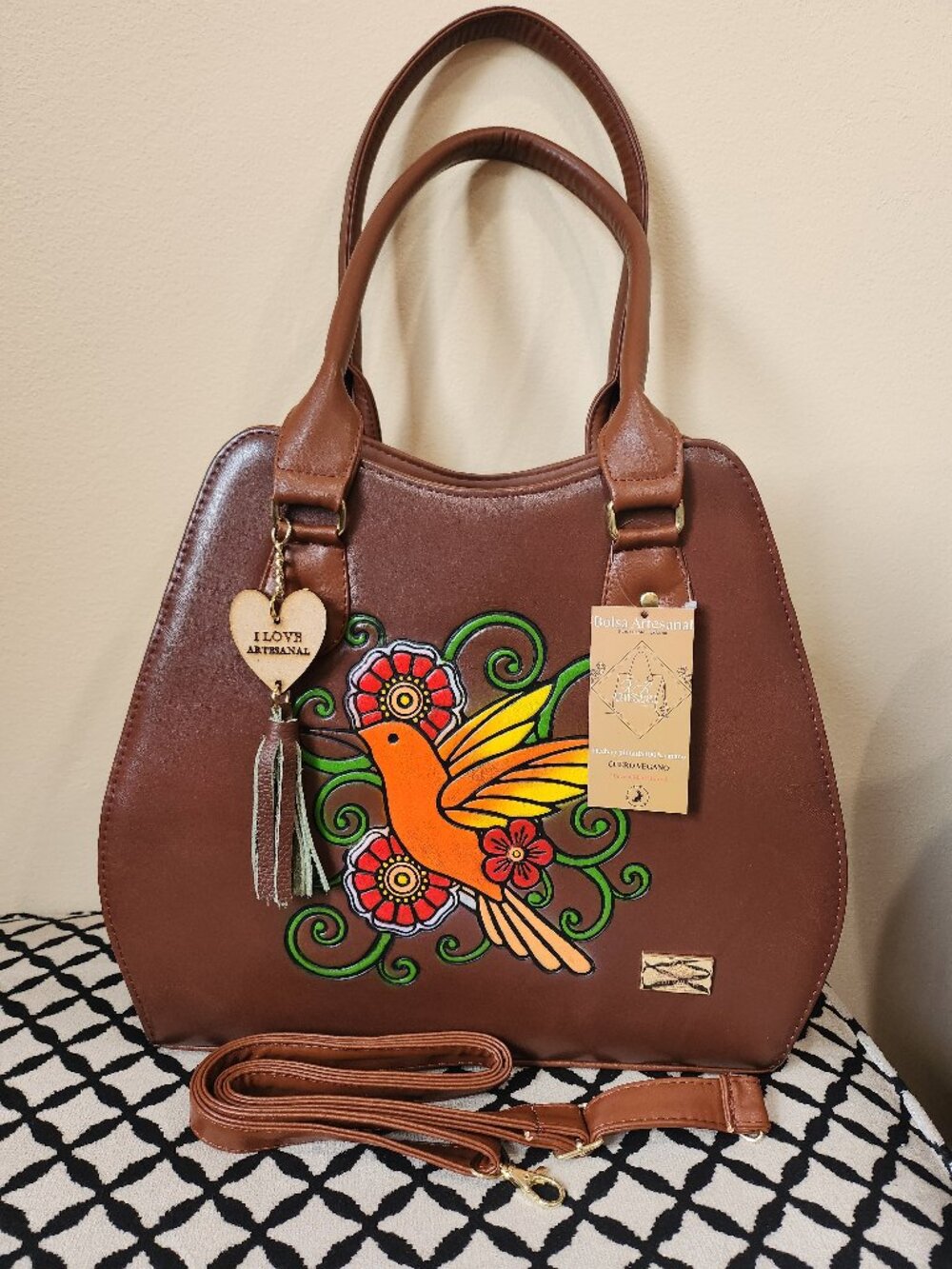 New Handmade Hummingbird Floral Vegan Leather Tote Bag with Crossbody Strap